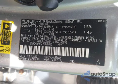 2015 Toyota Highlander Limited V6 z USA, uszkodzony, nr VIN 5TDDKRFH5FS098655